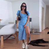 French Floral Slim Fitting Slimming Square Collar Split Short Sleeve Dress